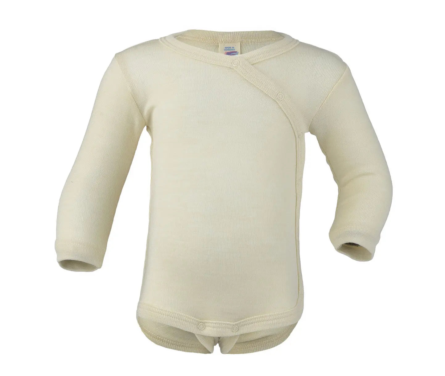 Newborn wearing Engel Natur organic wool and silk long-sleeved bodysuit keeping warm and cozy