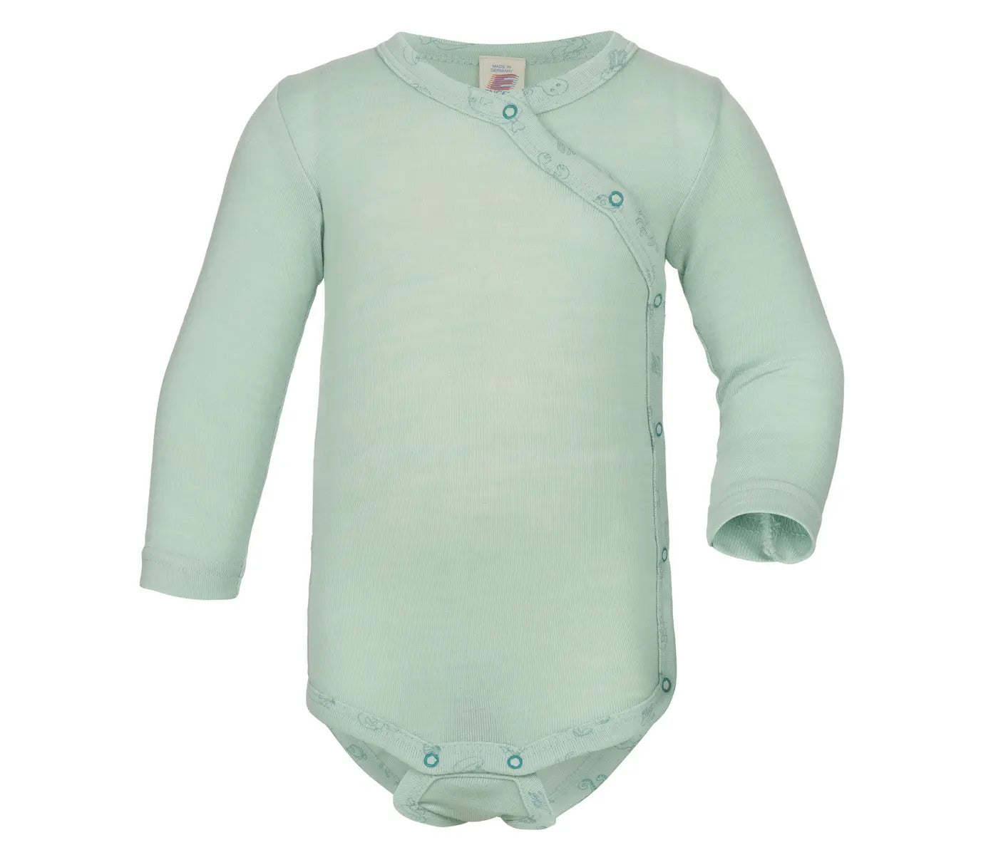 Long-sleeved Engel Natur wool and silk baby bodysuit with convenient snap closures on side and bottom