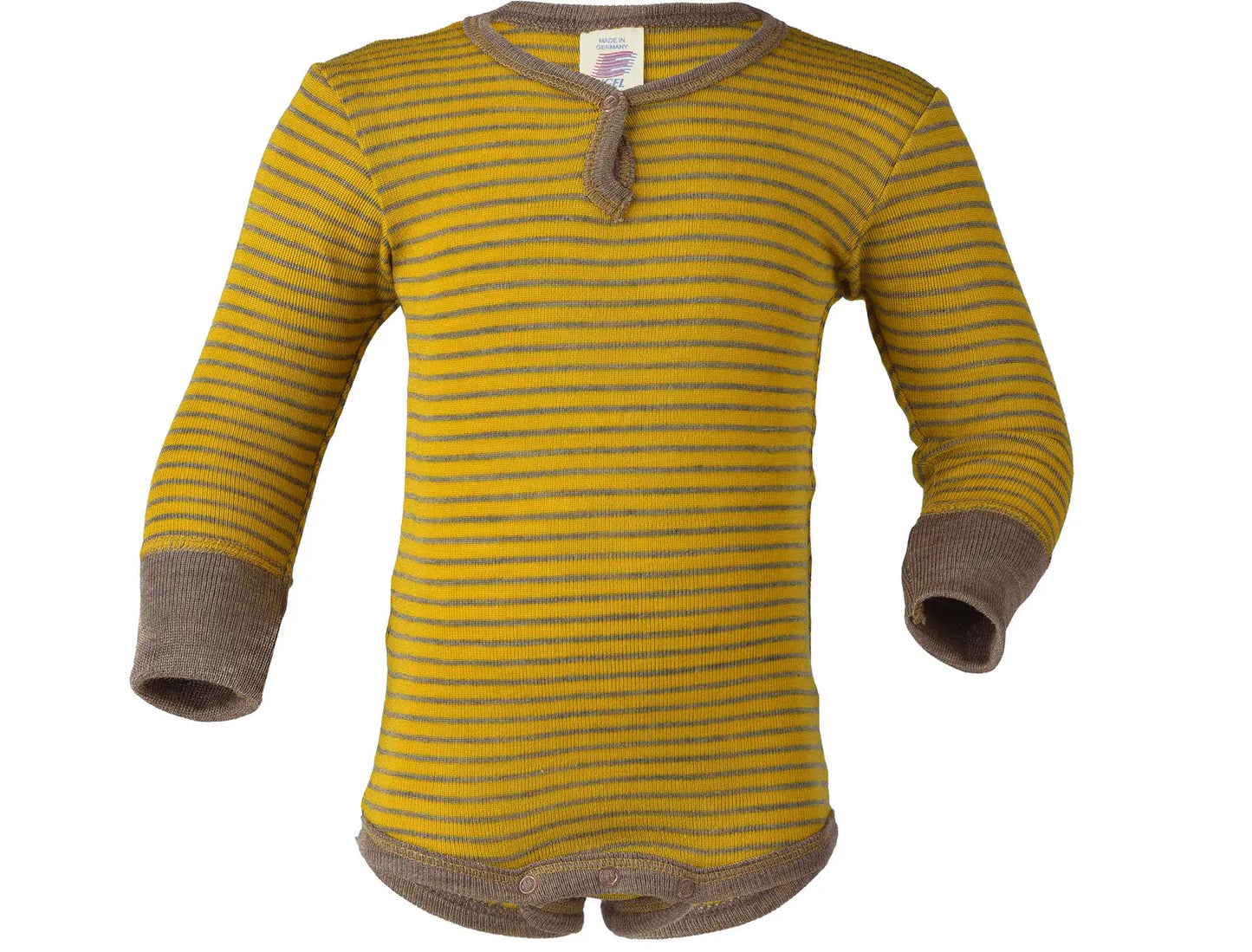Long-sleeved Engel Natur wool and silk baby bodysuit with convenient snap closures on side and bottom