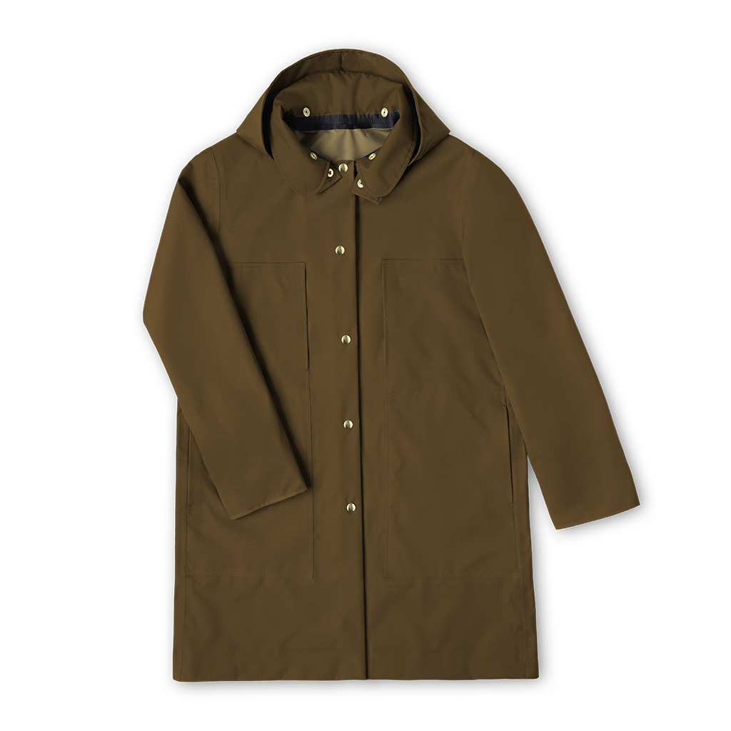Front view of Fairechild Women’s Daily Rain Coat in rust with slim silhouette and Peter Pan collar