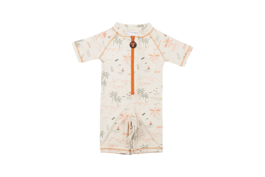 front zipper detail on full-body toddler rash guard swimwear