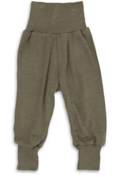 Baby wearing Engel Natur organic merino wool silk pants – breathable and cozy