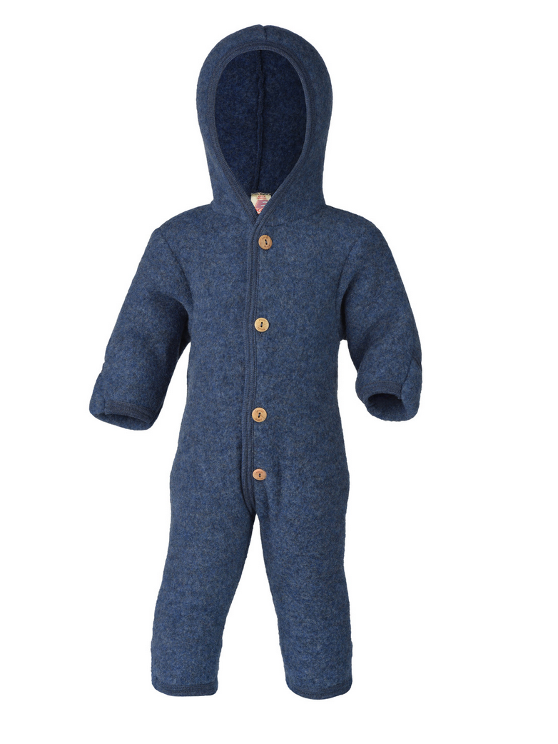 Baby wearing Engel Natur organic wool fleece suit keeping warm and cozy during fall or winter
