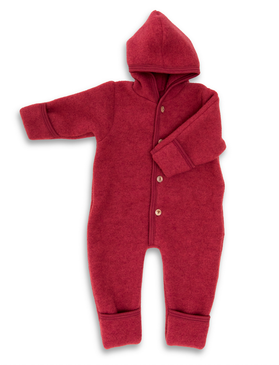 Red baby onesie with a hood on a white background
