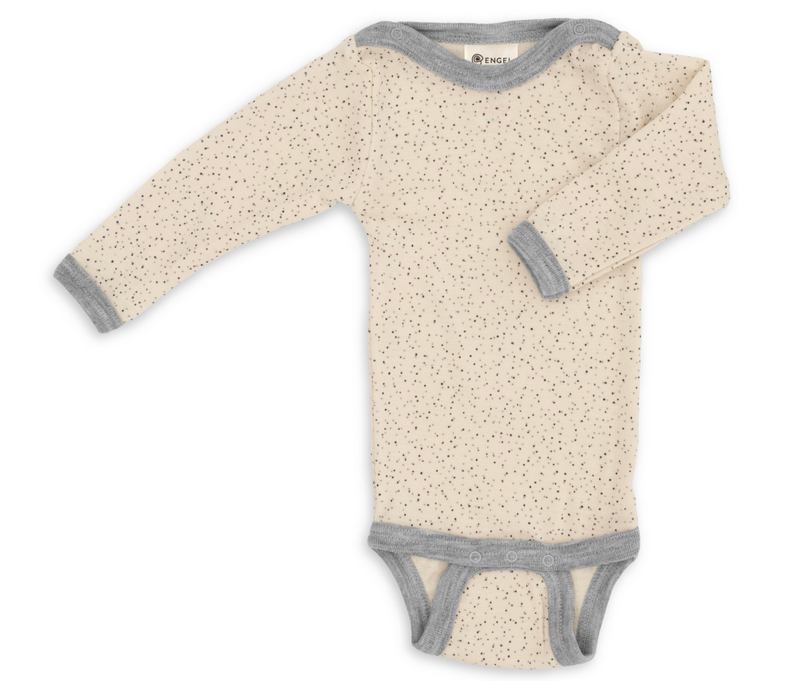 Baby bodysuit with long sleeves and gray accents on a white background