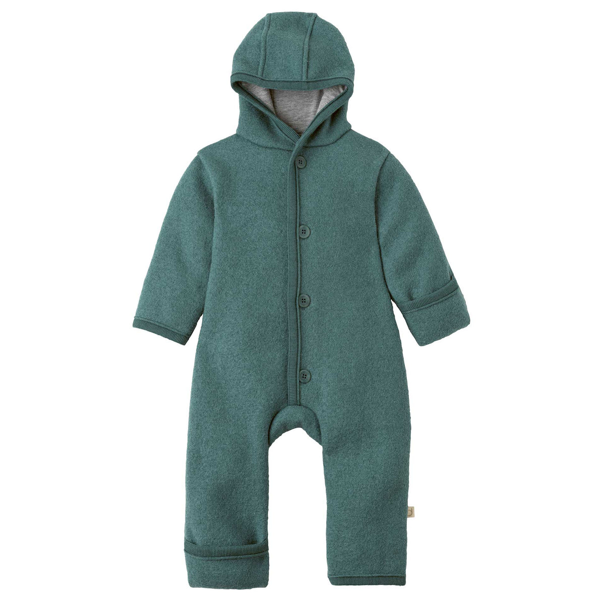 A baby's long-sleeve hooded romper in a heathered teal green fabric, featuring a snap-button front and a soft gray inner hood lining, shown against a plain white background.
