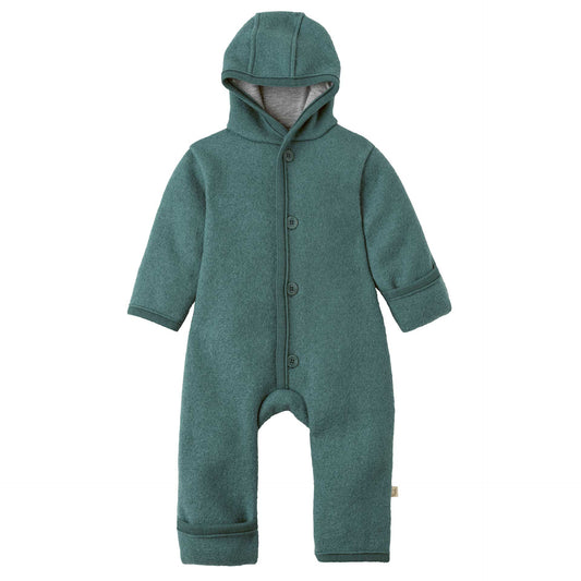 A baby's long-sleeve hooded romper in a heathered teal green fabric, featuring a snap-button front and a soft gray inner hood lining, shown against a plain white background.