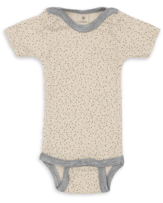 Baby short sleeve bodysuit made from organic wool and silk with snap buttons and dots pattern
