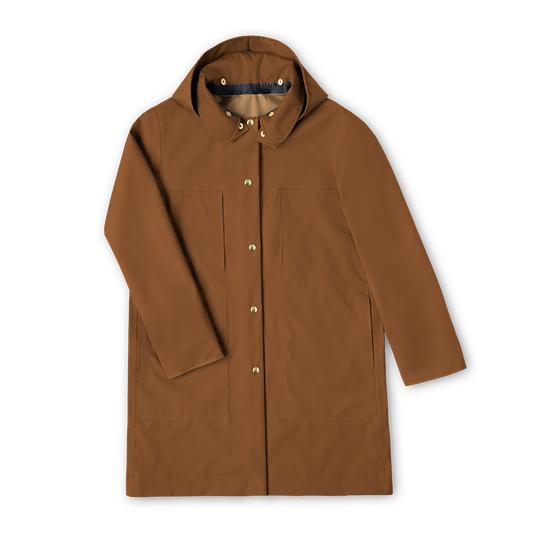 Front view of Fairechild Women’s Daily Rain Coat in rust with slim silhouette and Peter Pan collar