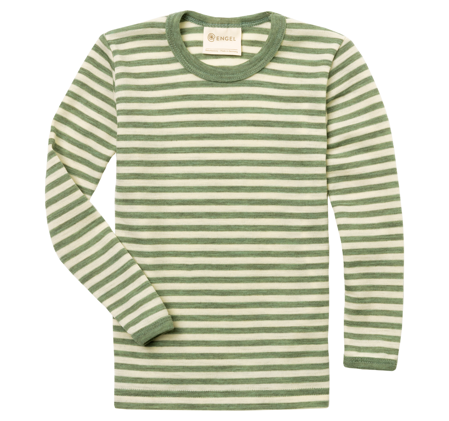 Green and white striped long-sleeve shirt on a white background