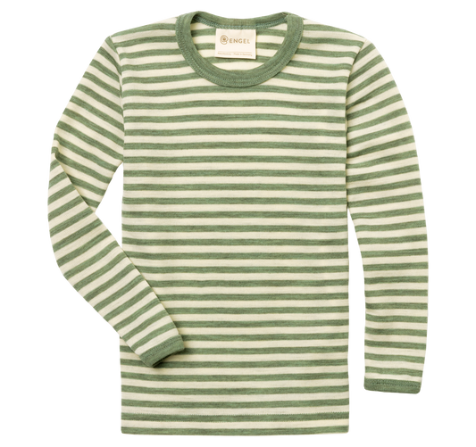 Green and white striped long-sleeve shirt on a white background