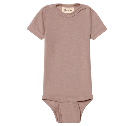 Baby short sleeve rose bodysuit made from organic wool and silk with snap buttons