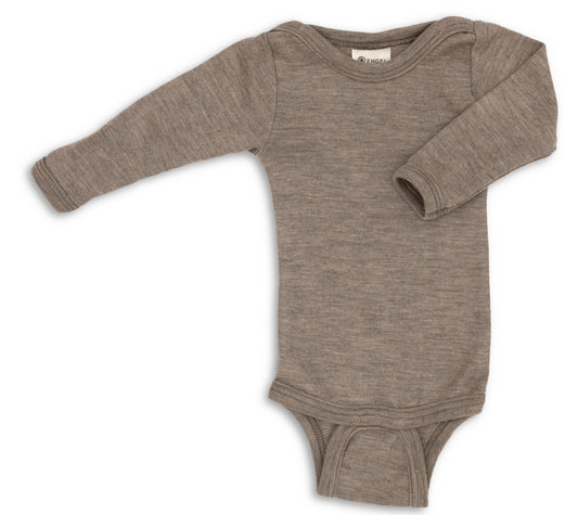 Brown baby organic wool and silk bodysuit with long sleeves on a white background